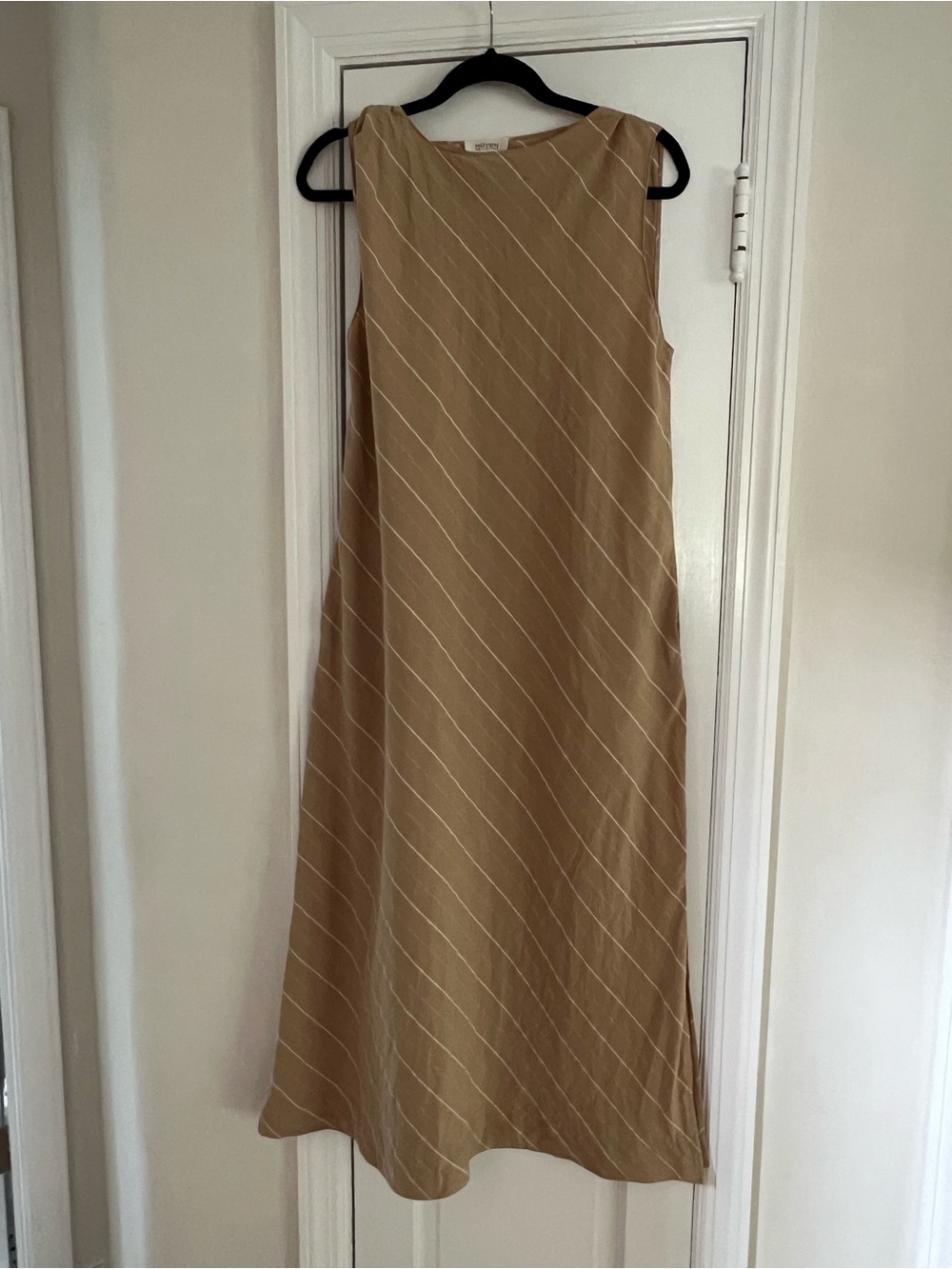 Sleeveless Tan Maxi Dress with Cream Diagonal Stripes